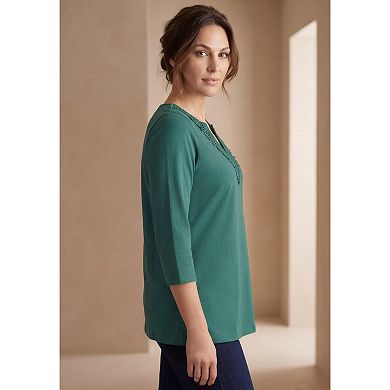 Jessica London Women's Plus Size Stretch Cotton Crochet Notch Neck Tunic