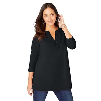 Jessica London Women's Plus Size Stretch Cotton Crochet Notch Neck Tunic