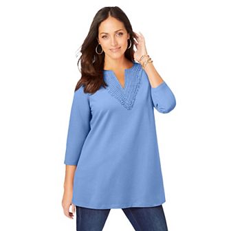Jessica London Women's Plus Size Stretch Cotton Crochet Notch Neck Tunic