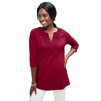 Jessica London Women's Plus Size Stretch Cotton Crochet Notch Neck Tunic