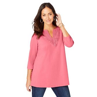 Jessica London Women's Plus Size Stretch Cotton Crochet Notch Neck Tunic