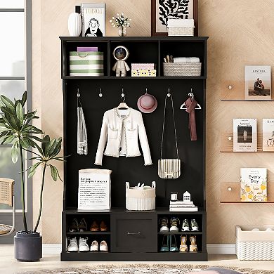 Merax Modern 57'' Hall Tree Entryway Bench with Coat Rack - Storage Seat for Hallway, Living Room