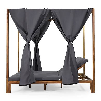 Kenzie Daybed: Teak Wood Canopy Daybed with 2 Adjustable Chaise Lounges & Shade Curtains
