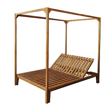 Kenzie Daybed: Teak Wood Canopy Daybed with 2 Adjustable Chaise Lounges & Shade Curtains