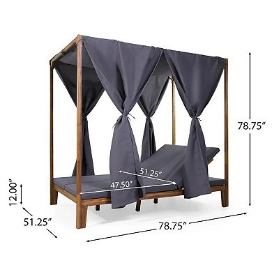 Kenzie Daybed: Teak Wood Canopy Daybed with 2 Adjustable Chaise Lounges & Shade Curtains