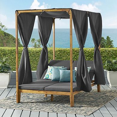 Kenzie Daybed: Teak Wood Canopy Daybed with 2 Adjustable Chaise Lounges & Shade Curtains