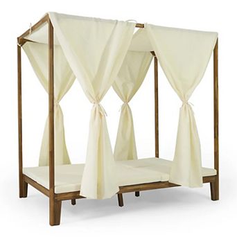 Kenzie Daybed: Teak Wood Canopy Daybed with 2 Adjustable Chaise Lounges & Shade Curtains
