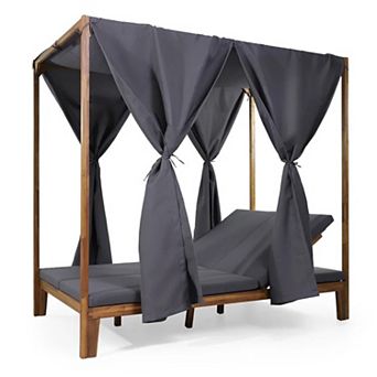 Kenzie Daybed: Teak Wood Canopy Daybed with 2 Adjustable Chaise Lounges & Shade Curtains