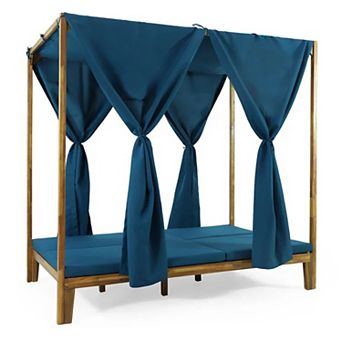 Kenzie Daybed: Teak Wood Canopy Daybed with 2 Adjustable Chaise Lounges & Shade Curtains