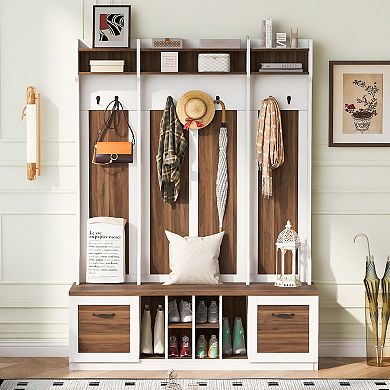 Merax 5-in-1 Entryway Bench with Coat Rack & Shoe Storage, 58.8'' Wide Hall Tree