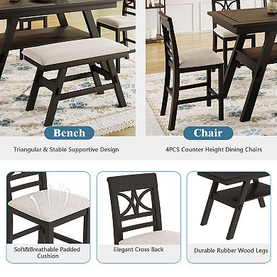 Merax 6-Piece Wood Counter Height Dining Table Set with Storage Shelf