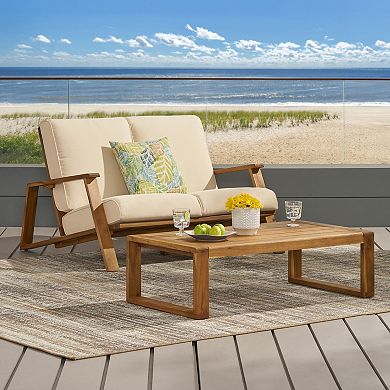 Merax Outdoor Loveseat and Coffee Table, 2-Person Acacia Wood Patio Seating Group