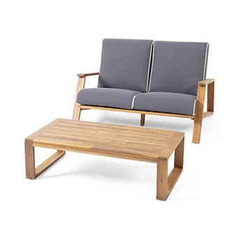 Merax Outdoor Loveseat and Coffee Table, 2-Person Acacia Wood Patio Seating Group
