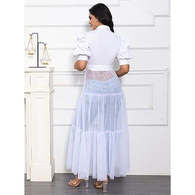Women's Mesh See Through Shirts Long Dresses with Belt Button Down Club Party Outfit