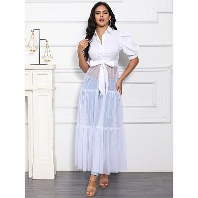 Women's Mesh See Through Shirts Long Dresses with Belt Button Down Club Party Outfit
