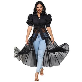 Women's Mesh See Through Shirts Long Dresses with Belt Button Down Club Party Outfit
