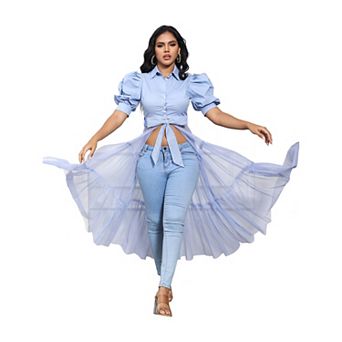 Women's Mesh See Through Shirts Long Dresses with Belt Button Down Club Party Outfit