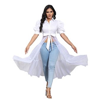 Women's Mesh See Through Shirts Long Dresses with Belt Button Down Club Party Outfit