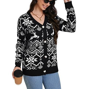 Womens Christmas Cardigan V Neck Button Down Knitwear Long Sleeve Sweaters Snowflake Elk Pattern