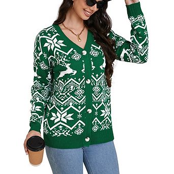 Womens Christmas Cardigan V Neck Button Down Knitwear Long Sleeve Sweaters Snowflake Elk Pattern