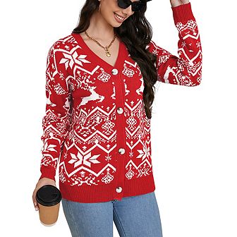 Womens Christmas Cardigan V Neck Button Down Knitwear Long Sleeve Sweaters Snowflake Elk Pattern
