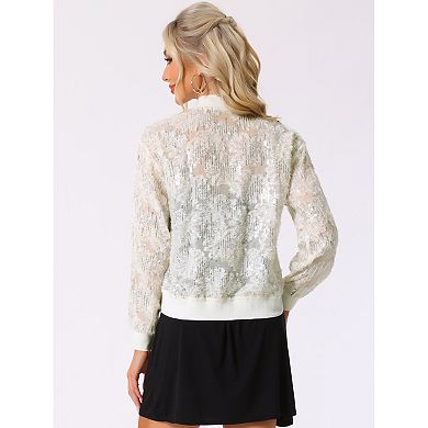 Women's Sequin Jacket Long Sleeve Zipper Sparkly Party Bomber Jacket