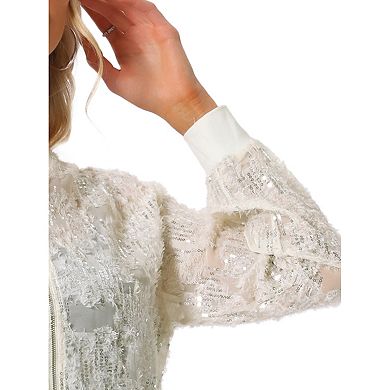 Women's Sequin Jacket Long Sleeve Zipper Sparkly Party Bomber Jacket