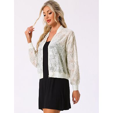 Women's Sequin Jacket Long Sleeve Zipper Sparkly Party Bomber Jacket