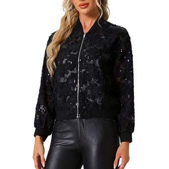 Women's Sequin Jacket Long Sleeve Zipper Sparkly Party Bomber Jacket