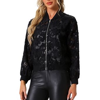 Women's Sequin Jacket Long Sleeve Zipper Sparkly Party Bomber Jacket