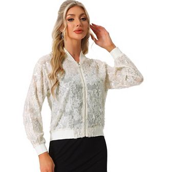 Women's Sequin Jacket Long Sleeve Zipper Sparkly Party Bomber Jacket
