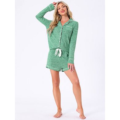 Women's Lounge Set Soft Button Up Notch Collar Long Sleeve with Shorts Set with Pockets