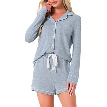 Women's Lounge Set Soft Button Up Notch Collar Long Sleeve with Shorts Set with Pockets