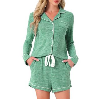 Women's Lounge Set Soft Button Up Notch Collar Long Sleeve with Shorts Set with Pockets