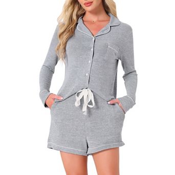 Women's Lounge Set Soft Button Up Notch Collar Long Sleeve with Shorts Set with Pockets
