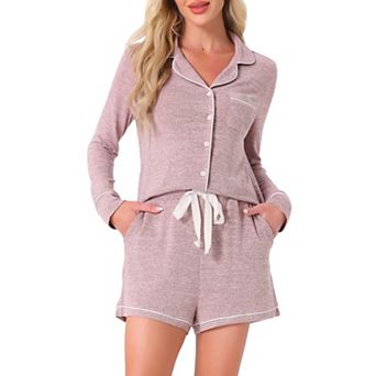 Women's Lounge Set Soft Button Up Notch Collar Long Sleeve with Shorts Set with Pockets