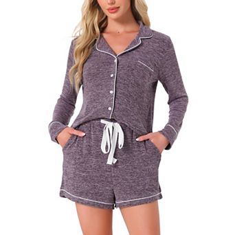 Women's Lounge Set Soft Button Up Notch Collar Long Sleeve with Shorts Set with Pockets