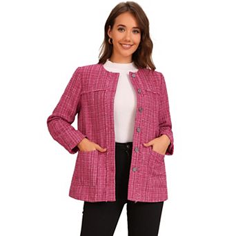 Tweed Jacket for Women's Single Breasted Collarless Fringed Casual Business Blazer