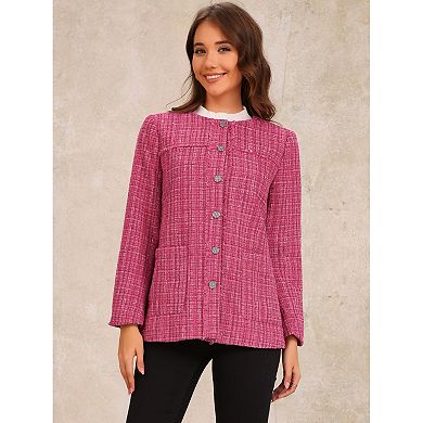 Tweed Jacket for Women's Single Breasted Collarless Fringed Casual Business Blazer