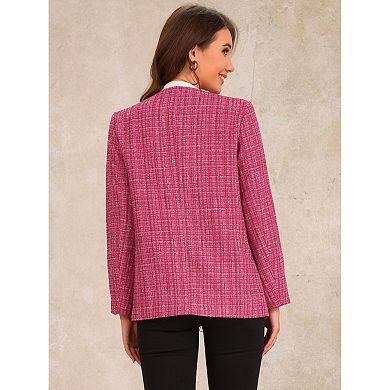 Tweed Jacket for Women's Single Breasted Collarless Fringed Casual Business Blazer