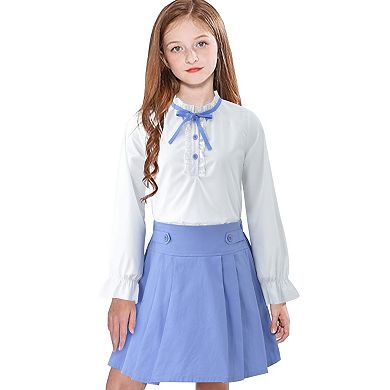 Girls Long Sleeve Button Down Shirt and Pleated Skirt School Uniform 2 Piece Outfit Set 3-12Y