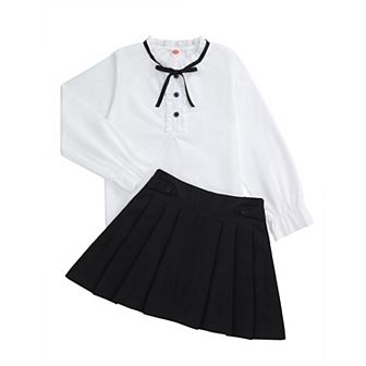 Girls Long Sleeve Button Down Shirt and Pleated Skirt School Uniform 2 pc Outfit Set 3-12Y