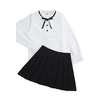 Girls Long Sleeve Button Down Shirt and Pleated Skirt School Uniform 2 pc Outfit Set 3-12Y