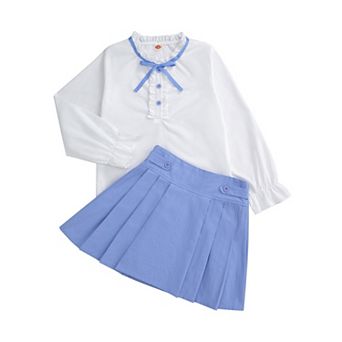 Girls Long Sleeve Button Down Shirt and Pleated Skirt School Uniform 2 pc Outfit Set 3-12Y