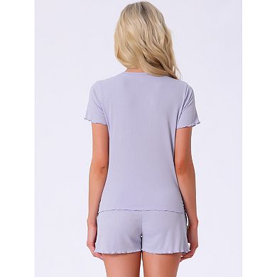 Women's Pajama Set Soft Short Sleeve Shorts Set Crewneck Ruffle Lounge Set with Pocket