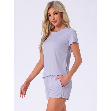 Women's Pajama Set Soft Short Sleeve Shorts Set Crewneck Ruffle Lounge Set with Pocket