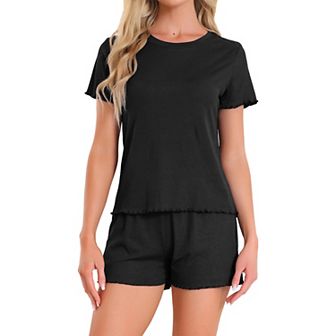 Women's Pajama Set Soft Short Sleeve Shorts Set Crewneck Ruffle Lounge Set with Pocket