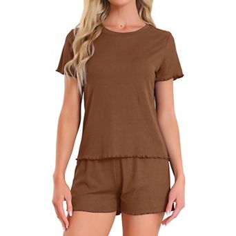 Women's Pajama Set Soft Short Sleeve Shorts Set Crewneck Ruffle Lounge Set with Pocket