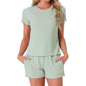 Women's Pajama Set Soft Short Sleeve Shorts Set Crewneck Ruffle Lounge Set with Pocket
