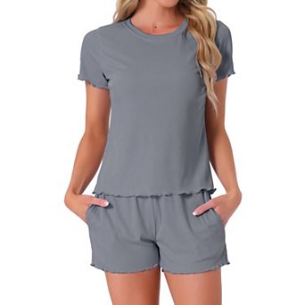 Women's Pajama Set Soft Short Sleeve Shorts Set Crewneck Ruffle Lounge Set with Pocket